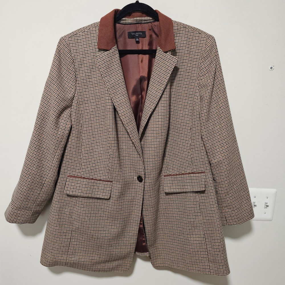 Talbots 16 Houndstooth Blazer Brown Tan Plaid Classic Button Old‎ Money Heritage